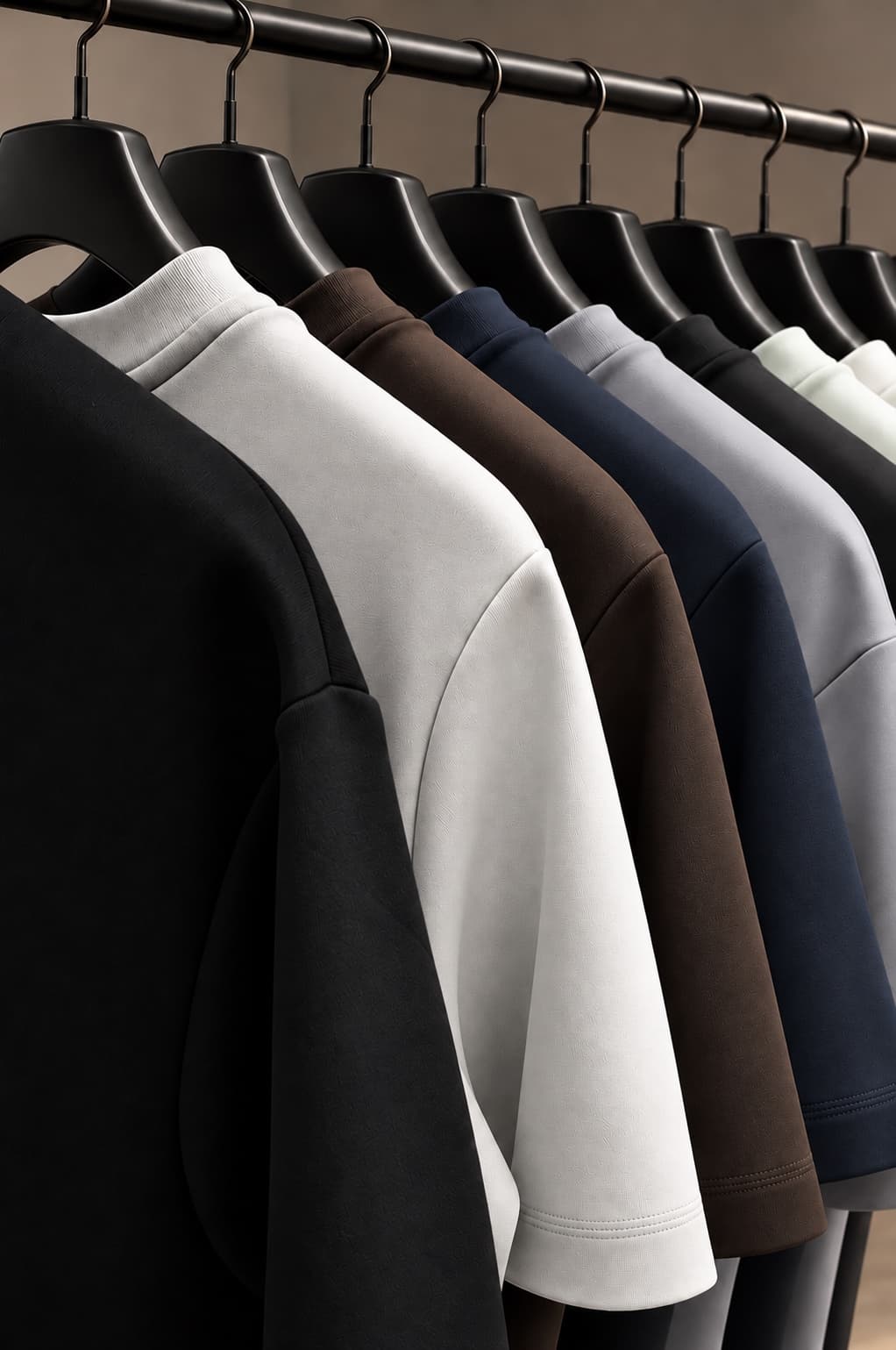 Premium blank Cresyne tees in six colours on black hangers