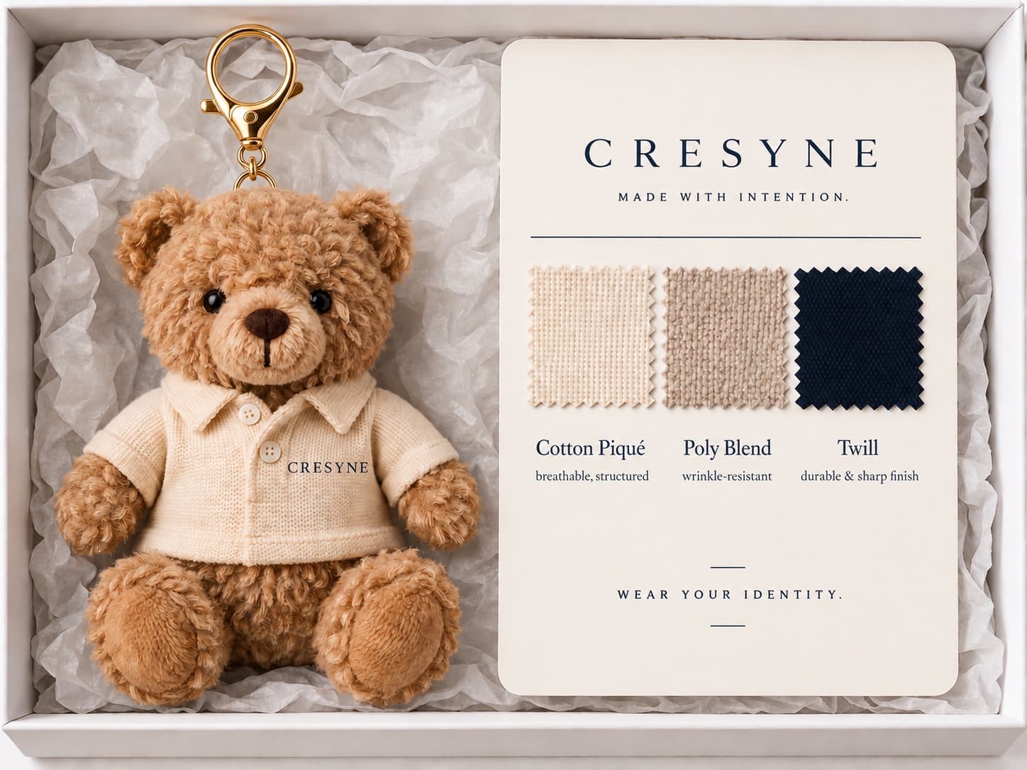 Cresyne sample kit box with a branded bear keychain and Cotton Piqué, Poly Blend and Twill fabric swatches
